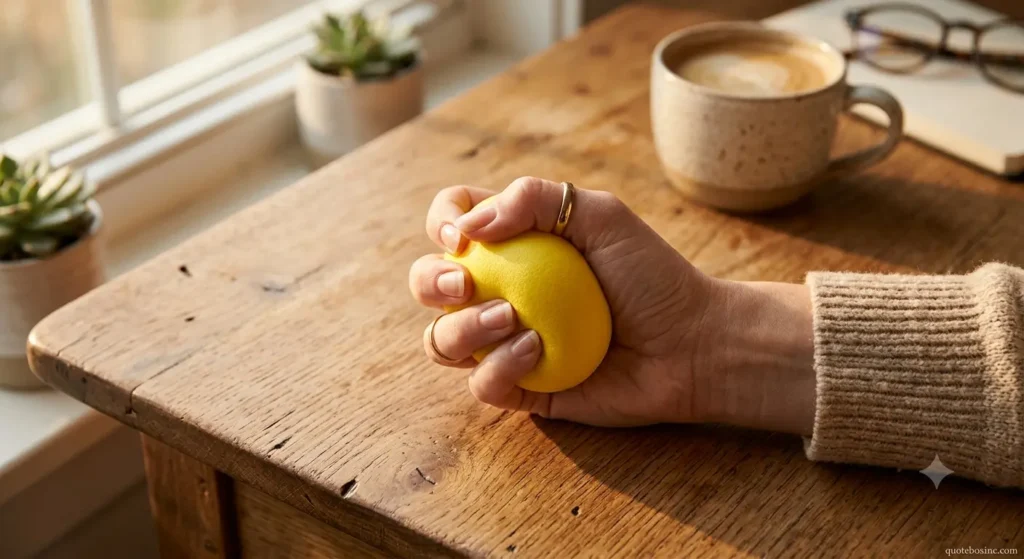 Close-up of a hand squeezing a soft gold stress ball on a sunlit desk