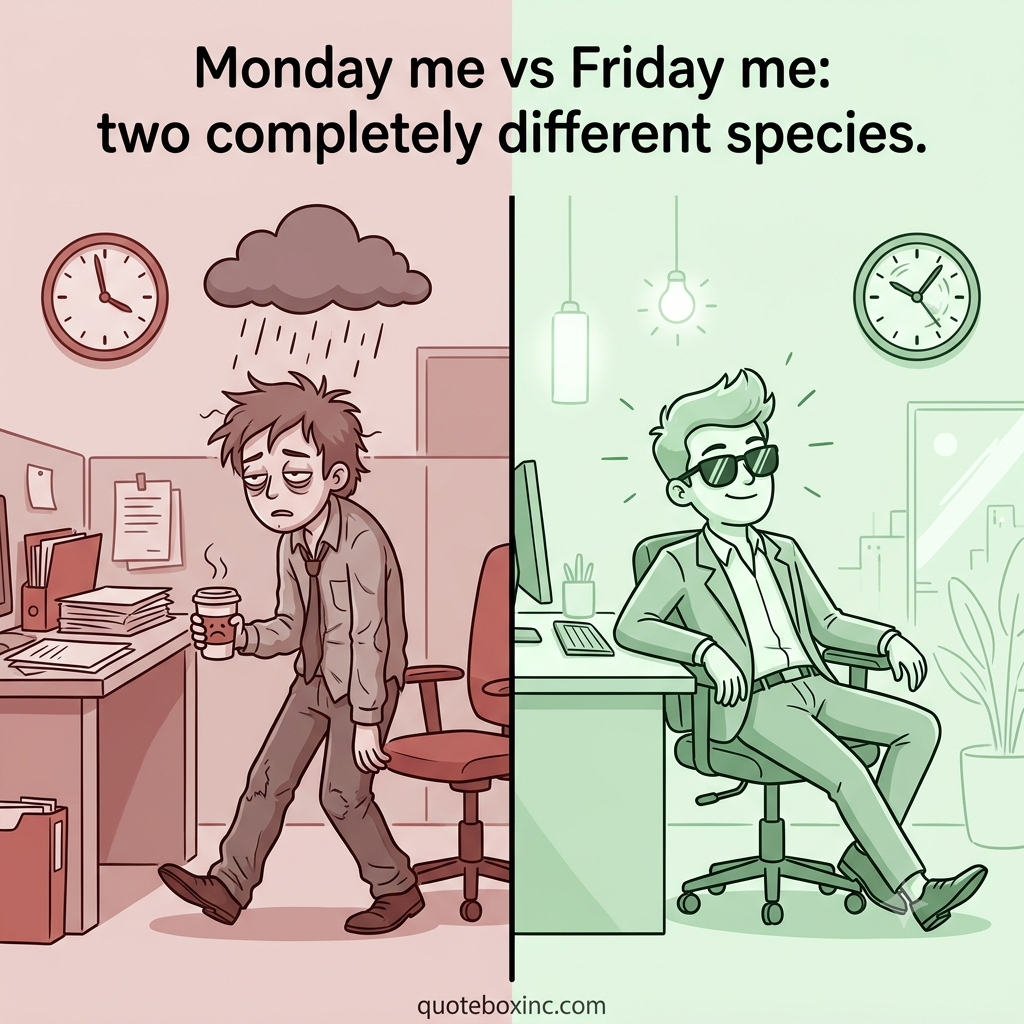 funny monday vs friday meme showing work mood difference