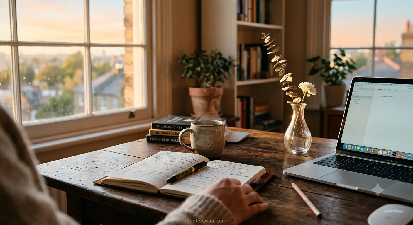 Saturday motivational quotes for work capturing the quiet stillness of an early morning desk.