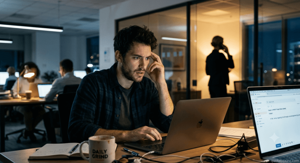 Work stress meme showing employee drowning in emails and tasks