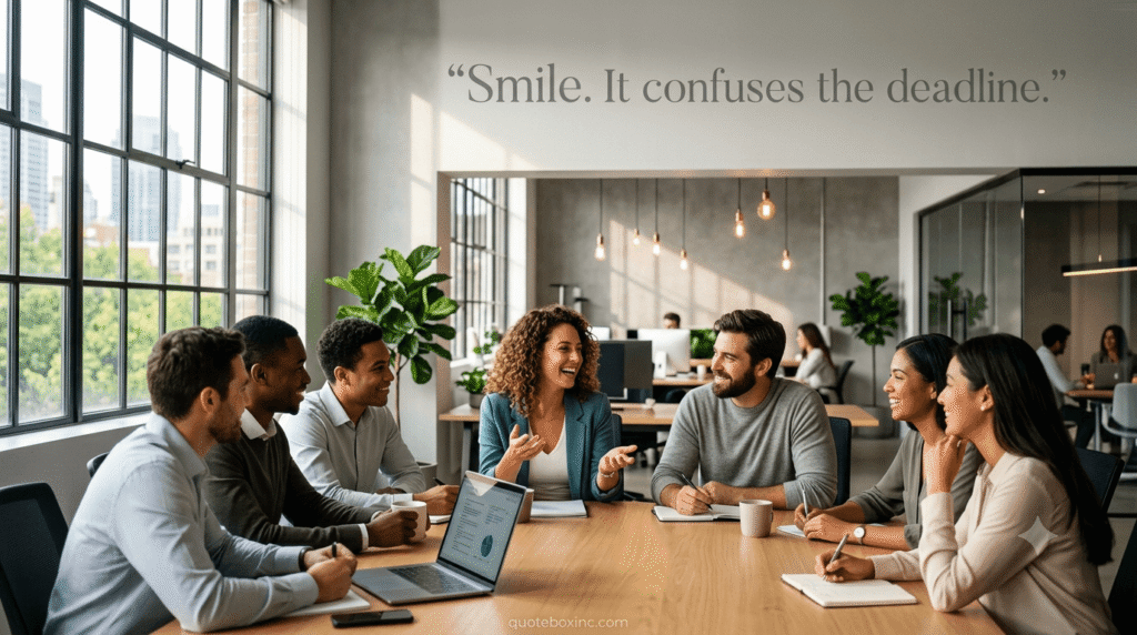 Funny work quote reminding employees to stay positive under pressure