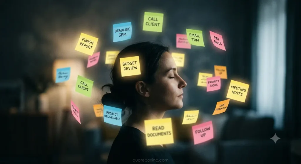 visual metaphor of unfinished work tasks following someone mentally