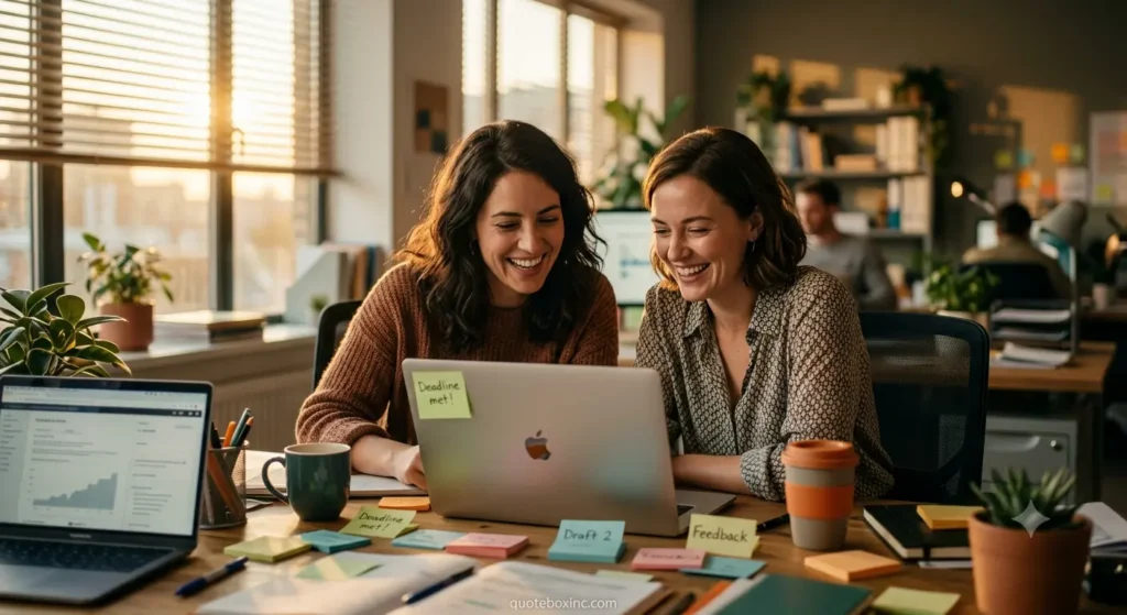 Coworkers laughing while sharing funny friday quotes for work mates