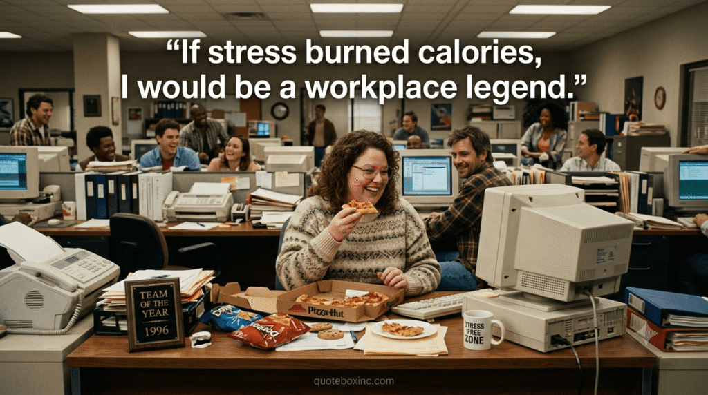Cheerful office quote mixing humor with encouragement for productivity