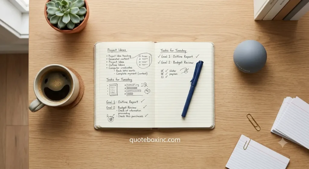 Flatlay of a stress ball, coffee cup, and open notebook on a tidy desk