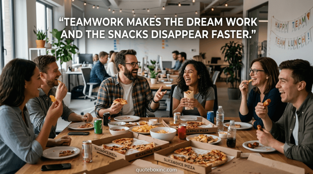 Comical workplace quote encouraging teamwork and daily motivation