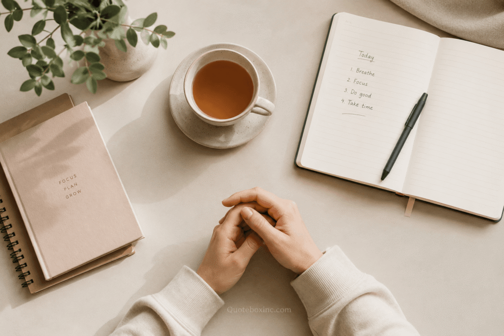 Overhead view of a desk with tea, notebook, and folded hands