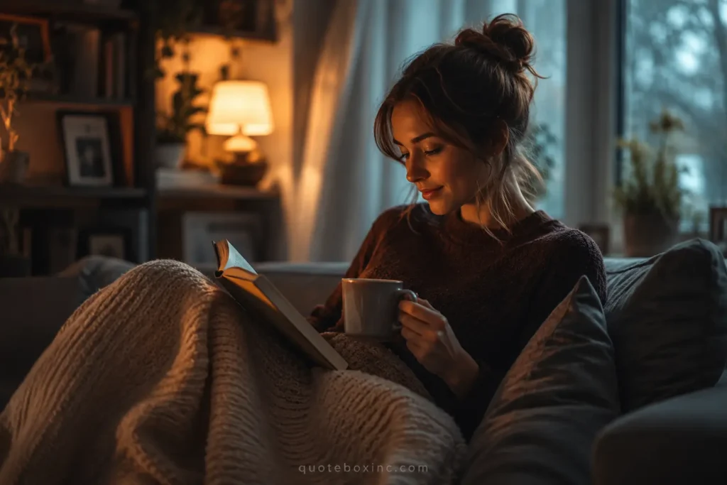 A girl relaxing with a coffee and reading novel.