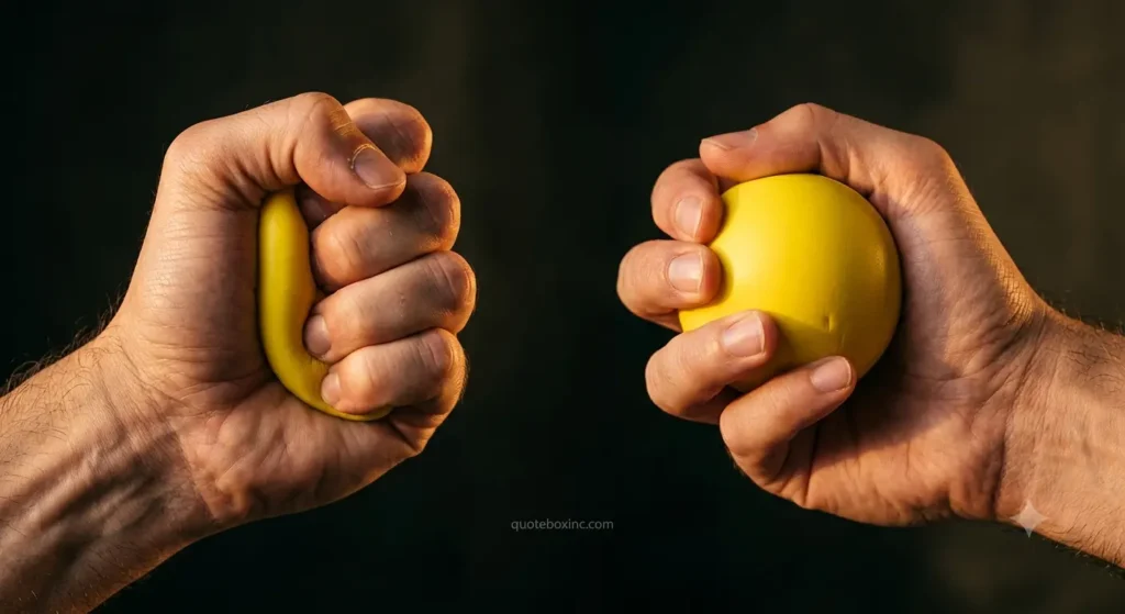 Hand mid-squeeze on a stress ball, showing the tense-and-release motion