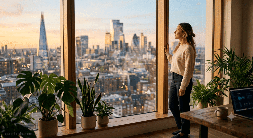 Person standing calmly by an office window during a work break